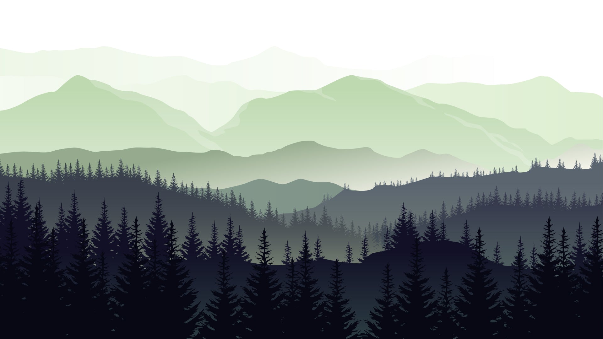An illustration of rolling green hills and evergreen eastern white pine trees.